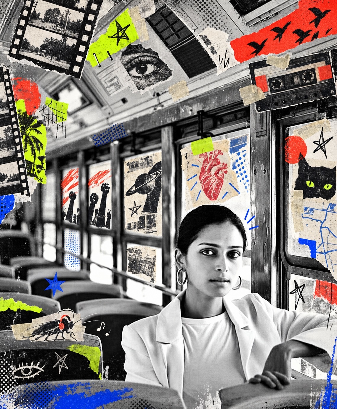 Saloni Shukla in a high contrast bus collage with bright editorial graphics.